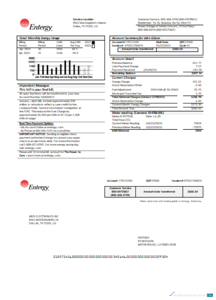 Download Entergy utility business bill, page 1, SCR Photoshop template
